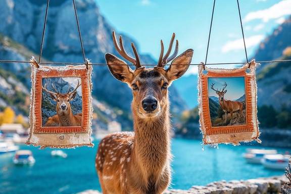 Young deer with tapestry pictures of deers hanging on a rope