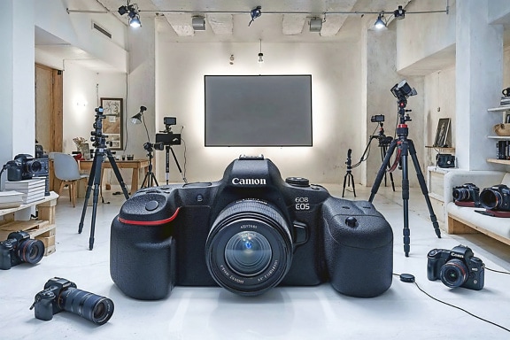 Fotokamera i et fotostudio med en stor skjerm i bakgrunnen