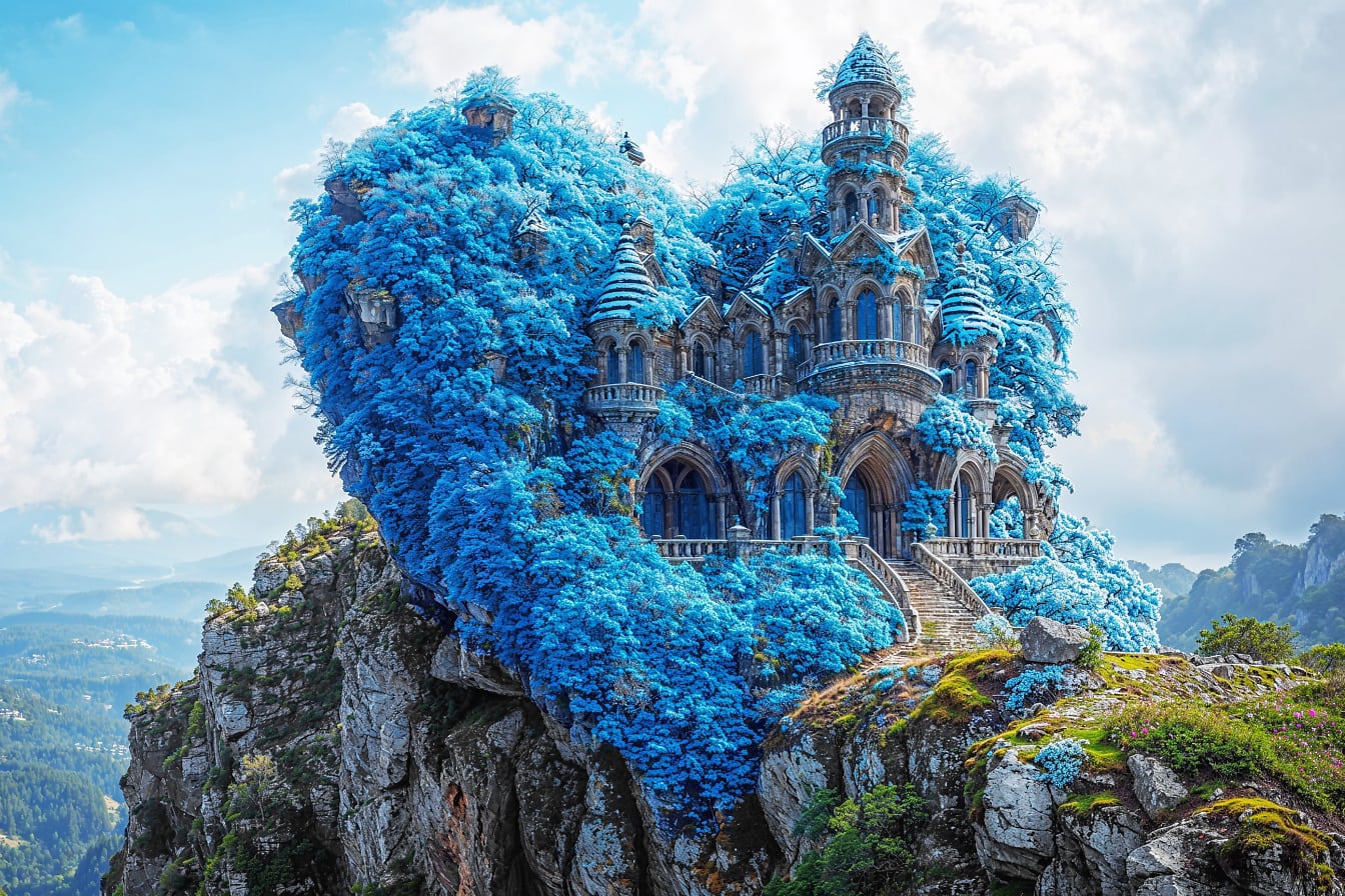 Rozprávkový zámok na skale s modrými stromami okolo neho v tvare srdca