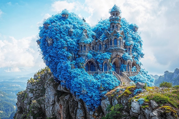 Pohádkový hrad na skále s modrými stromy kolem sebe ve tvaru srdce