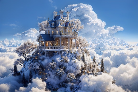 Dům z pohádky, ani na nebi, ani na zemi, obklopený mraky