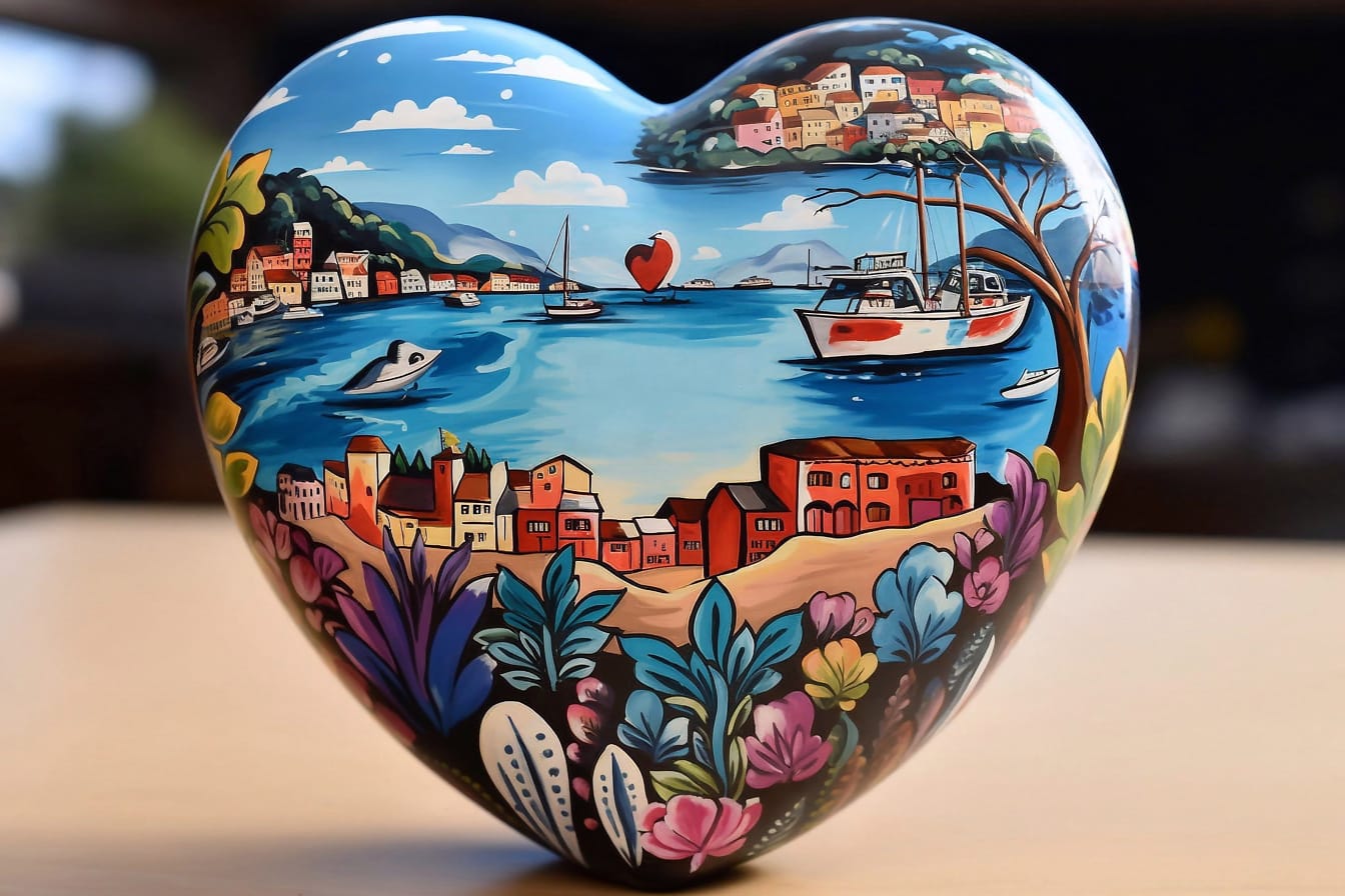 Sydämen muotoinen esine, jossa on maalaus kaupungista ja veneistä