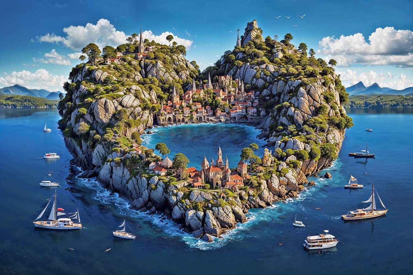 크로아티아의 물 속에 건물과 보트가 있는 하트 모양의 섬