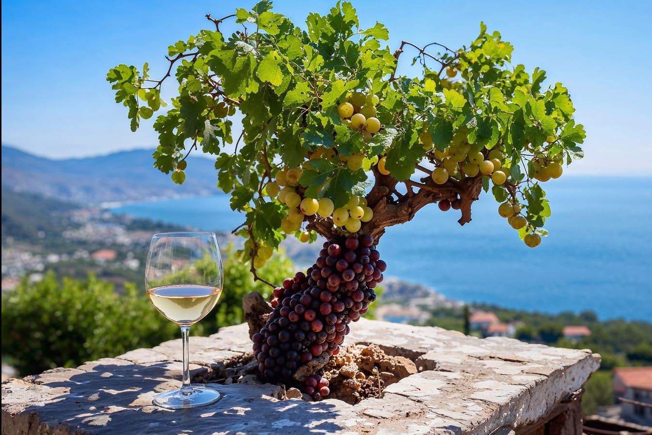 Чаша бяло вино и дърво с грозде в Хърватия