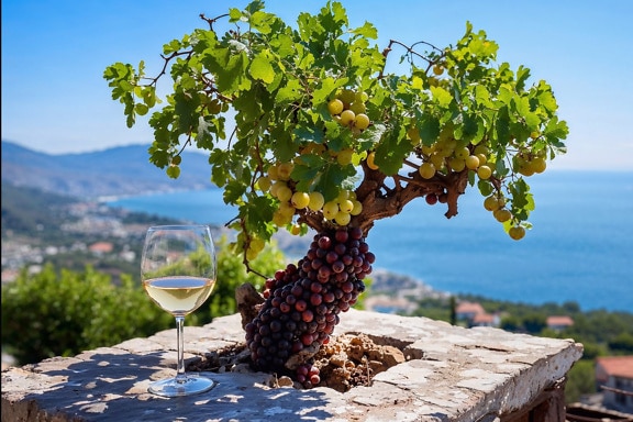 Ein Glas Weißwein und ein Baum mit Trauben in Kroatien