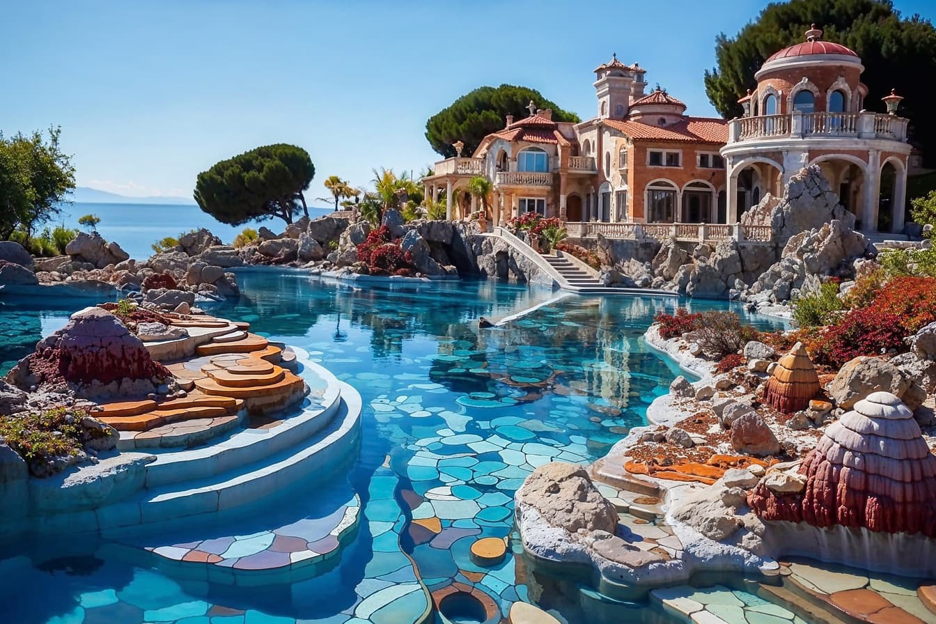 克罗地亚的大房子，有一个游泳池和周围的岩石