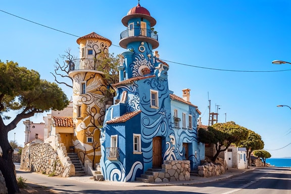 Digitalna umjetnost živopisne plave i žute građevine s kulom u Hrvatskoj