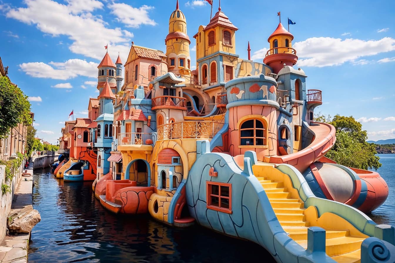 Castelo inflável colorido no parque de diversões aquático na Croácia