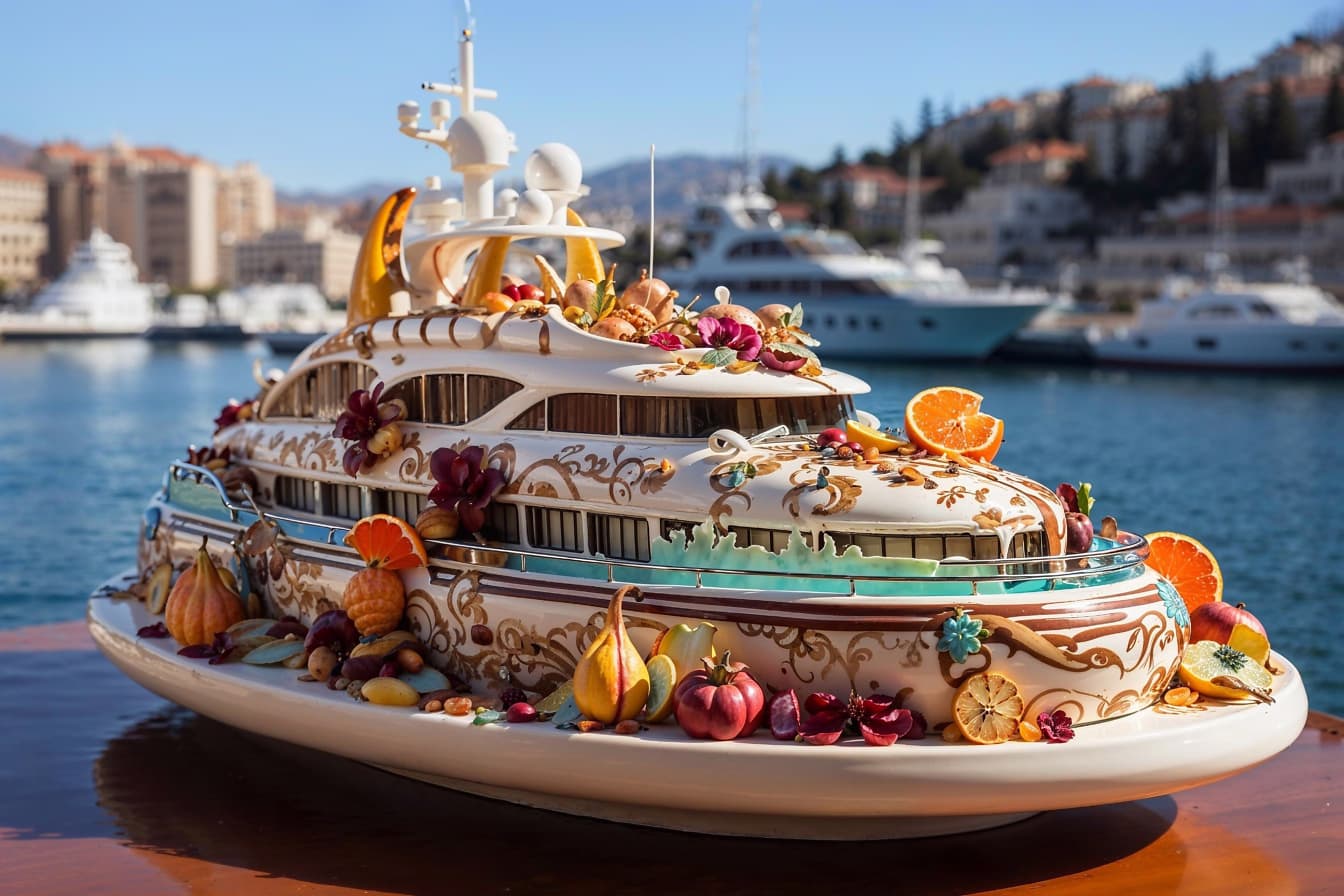 游艇形状的陶瓷托盘，上面有水果，以克罗地亚的港口为背景