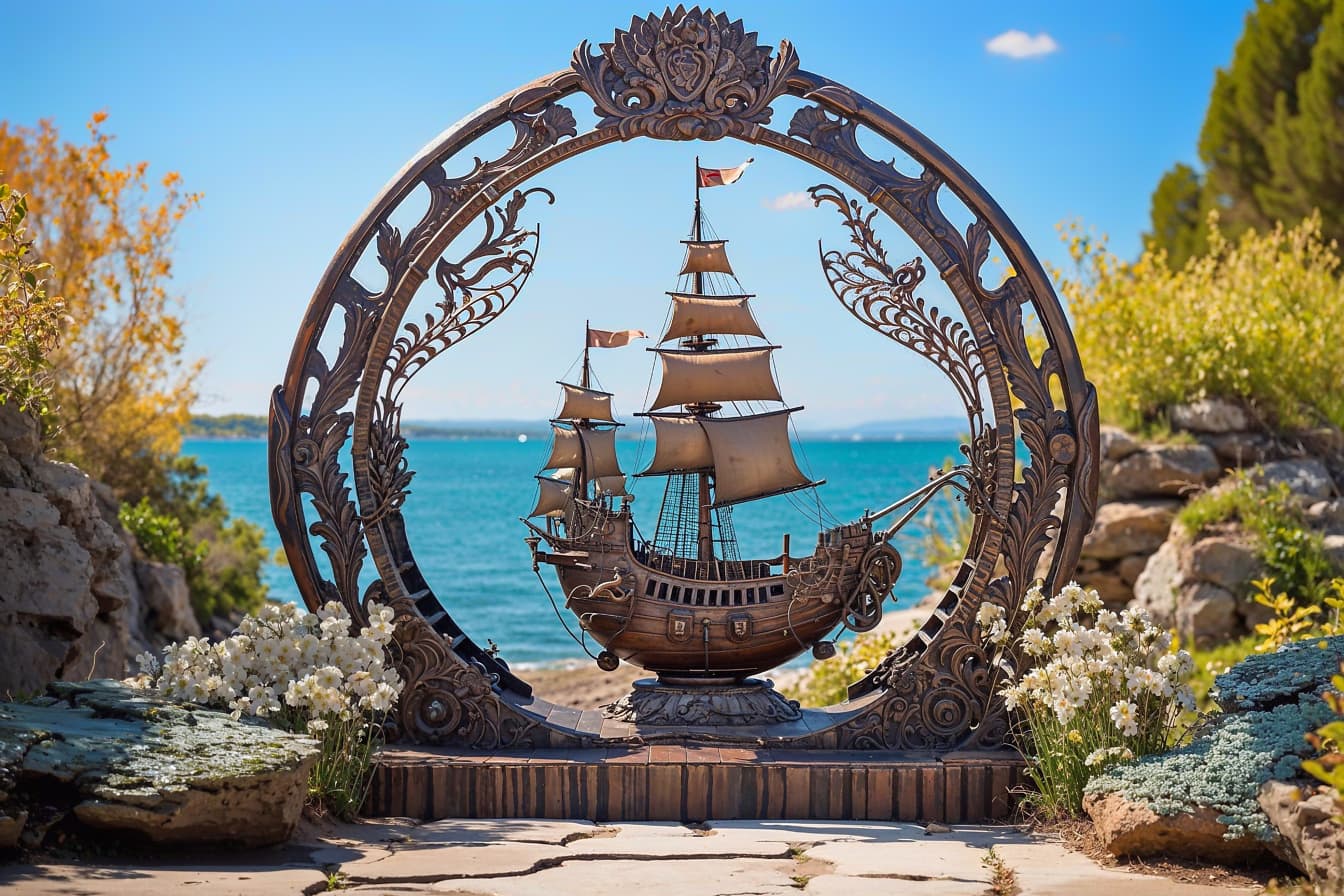 Estatua de bronce de un barco en un círculo con flores y mar Adriático en el fondo en Croacia