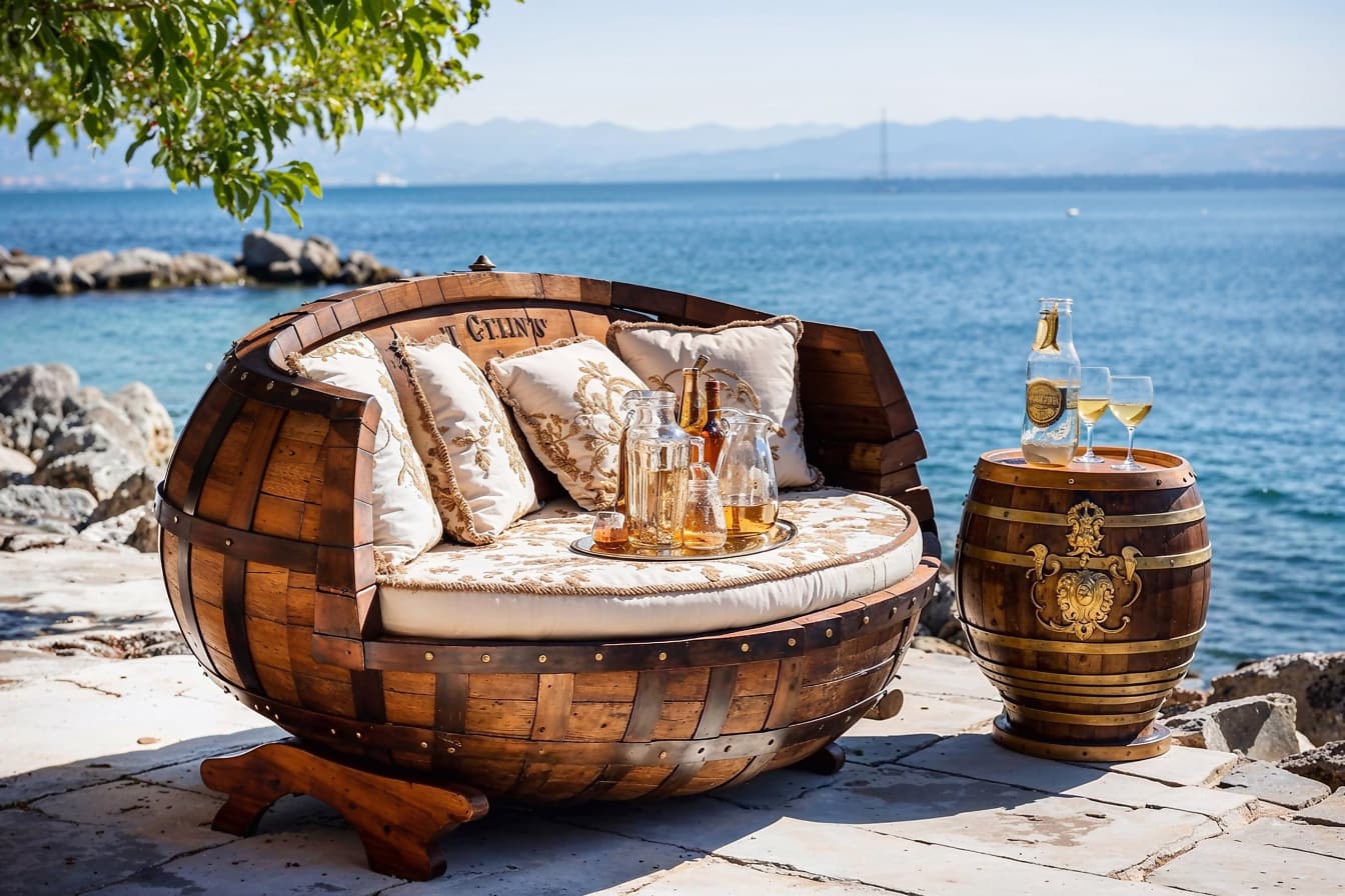 桶作为沙发，上面放着一杯白葡萄酒，在克罗地亚的海滨