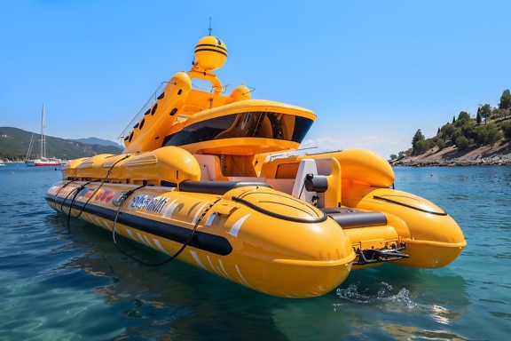 Žlutý nafukovací člun na vodě v zátoce v Chorvatsku
