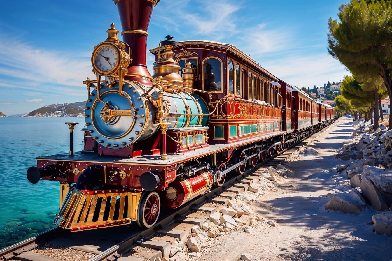Parna lokomotiva u stilu vlaka Orient-Express na željezničkoj pruzi uz more