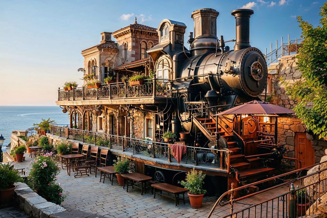 蒸汽机车形状的餐厅，在克罗地亚的海洋全景