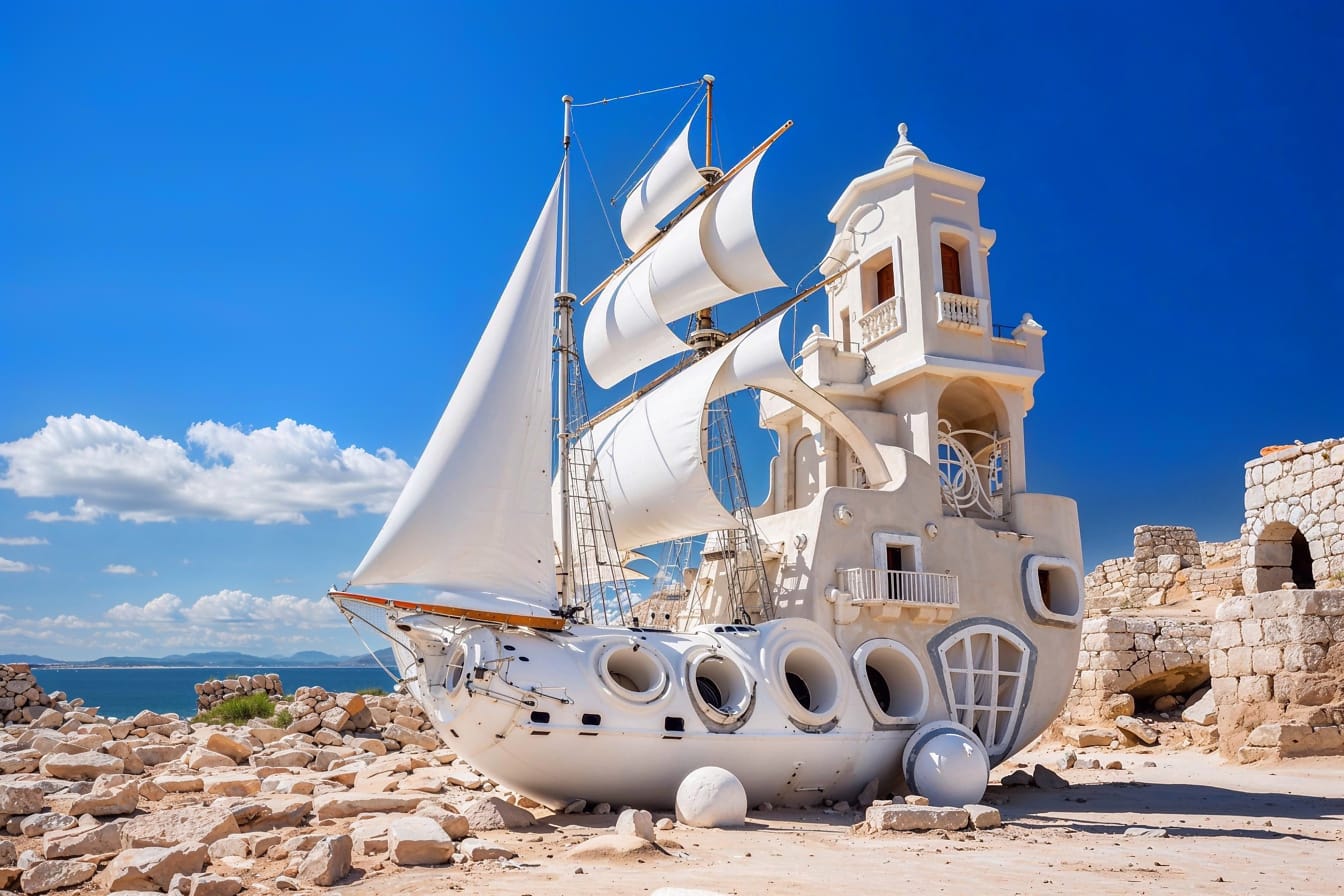 Vyhliadka v tvare plachetnice na pláži v Chorvátsku