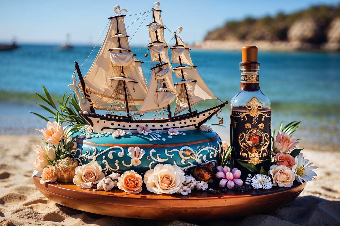 Bolo em forma de navio pirata com garrafa de rum e flores em uma bandeja na Croácia