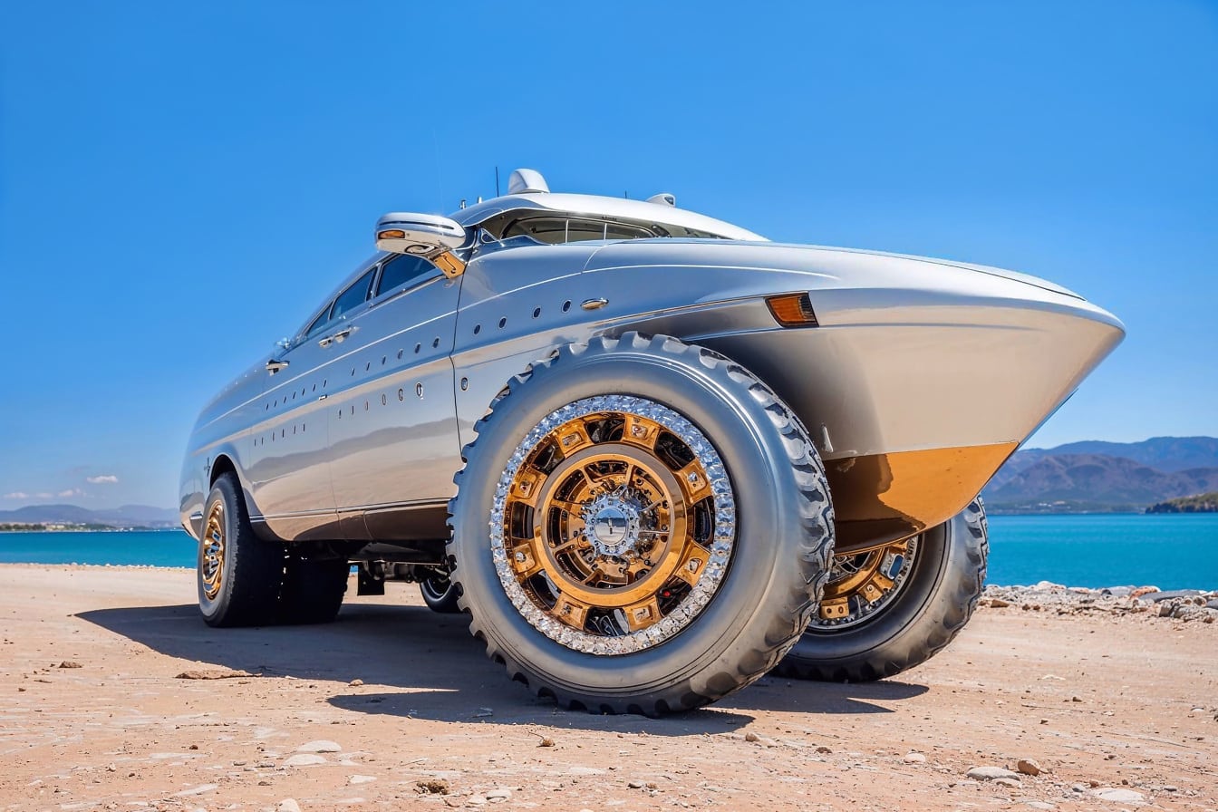 Lyxig bilbåt parkerad på en sandstrand i Kroatien