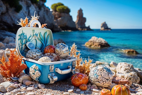 Đồ họa kỹ thuật số của túi du lịch phong cách hàng hải trên bãi biển ở Croatia