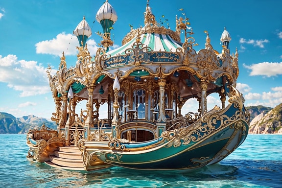 크로아티아의 수상 놀이 공원에서 식민지 시대의 회전 목마 모양의 선박