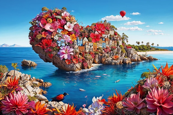 Szív alakú sziget virágokkal, Valentin-napi stílusban