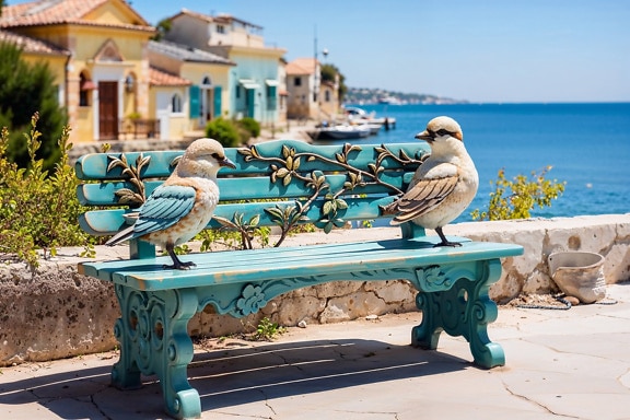 Skulptur af en bænk med to fugle på en havnefront ved Adriaterhavet i Kroatien