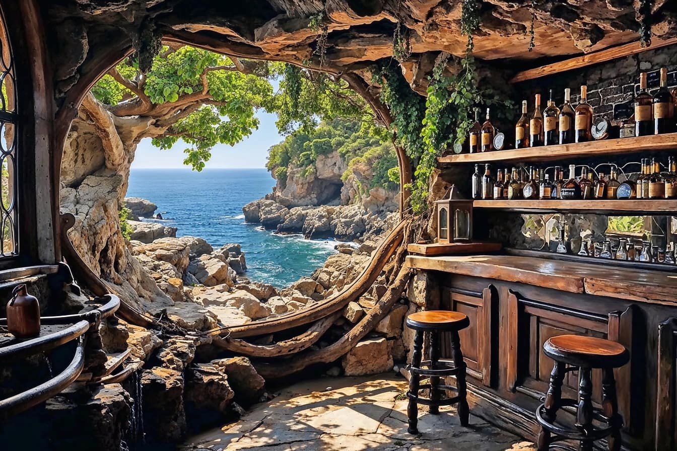Rustykalne wnętrze rum baru z widokiem na Morze Adriatyckie w Chorwacji