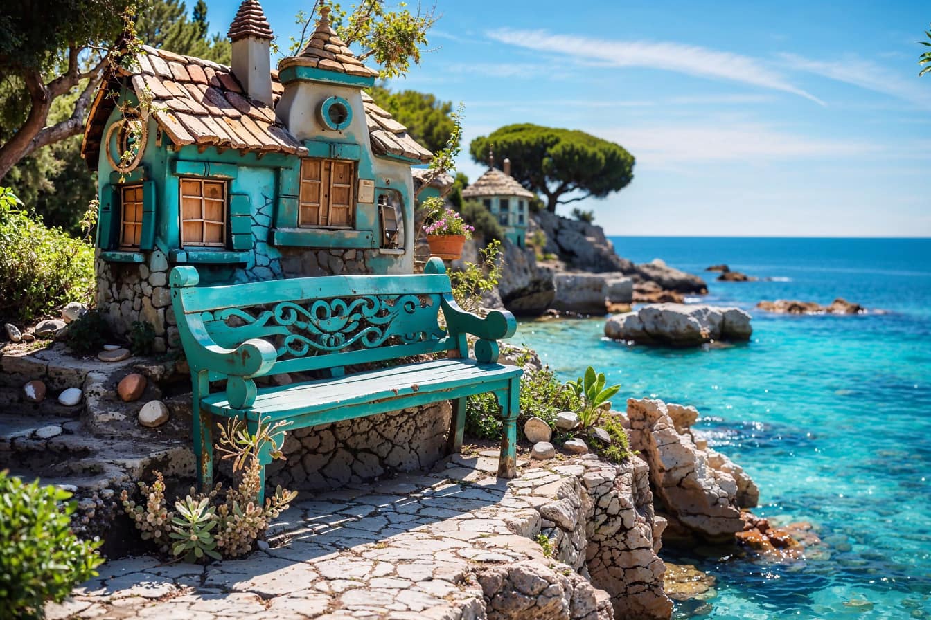 Bangku di atas batu di tepi laut Adriatik dengan latar belakang rumah dongeng di Kroasia