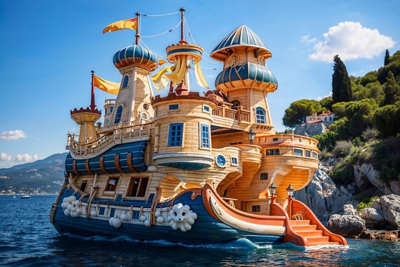 Château gonflable dans le style des contes de fées dans un parc d’attractions aquatiques en Croatie