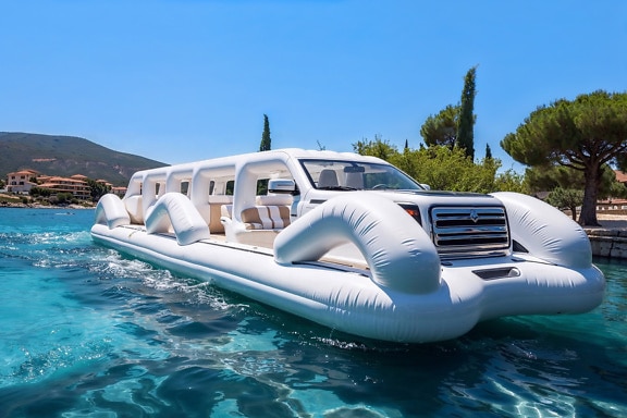 Hvit luksus oppblåsbar limousinbåt på vannet i Kroatia