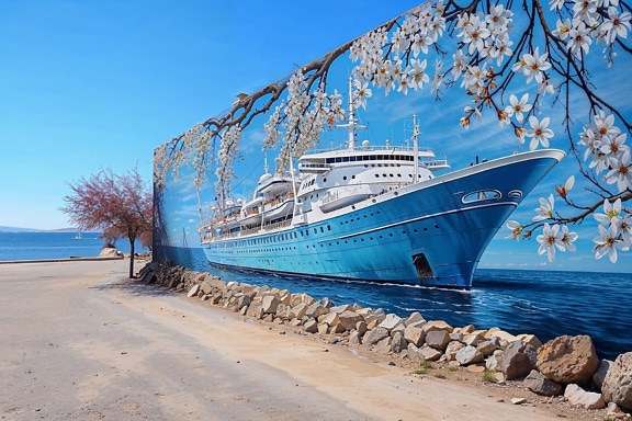Digital graffiti av stort cruiseskip på vegg i Kroatia