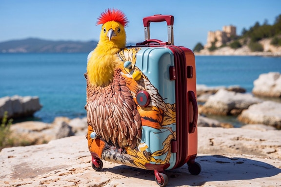 Travel suitcase with decoration of funny yellow bird on it in Croatia