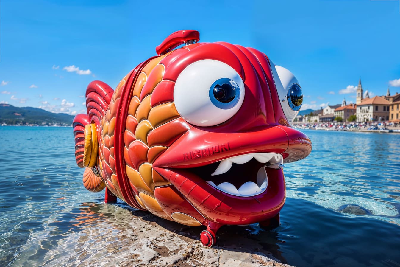 Saco de viagem em forma de peixe vermelho e laranja na Croácia