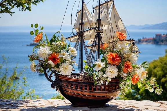 Model ship with flowering ikebana in it in Croatia