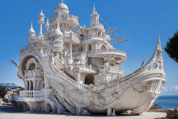 Fairytale ship-castle made of white stone in Croatia