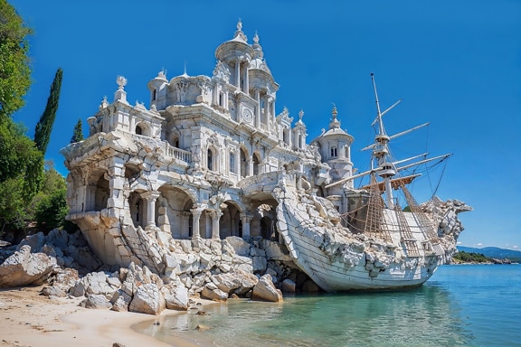 クロアチアの海岸にあるおとぎ話のような白い石造りの城と、その脇に船がある
