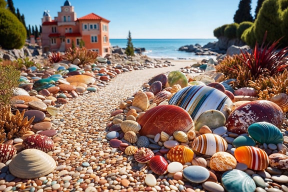 Fairytale pathway to the beach made of colored stones in Croatia