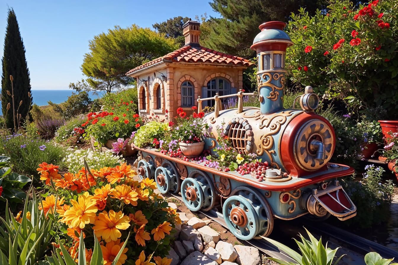 Fairytale train with flowers in a botanical garden in Croatia