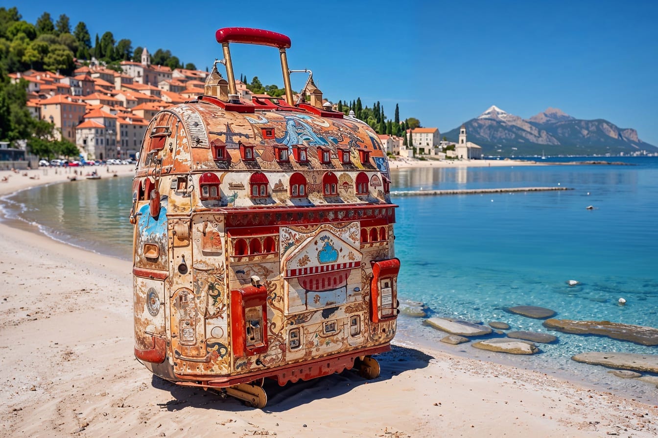 Uniikki värikäs matkalaukku rannalla, joka kuvaa lomamatkaa Kroatiassa