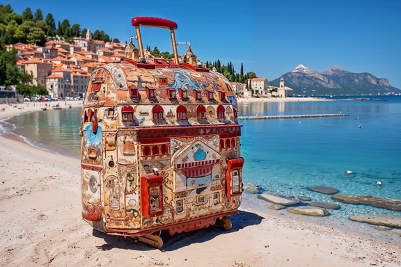 Unikátny farebný kufor na pláži ilustrujúci dovolenkový výlet v Chorvátsku