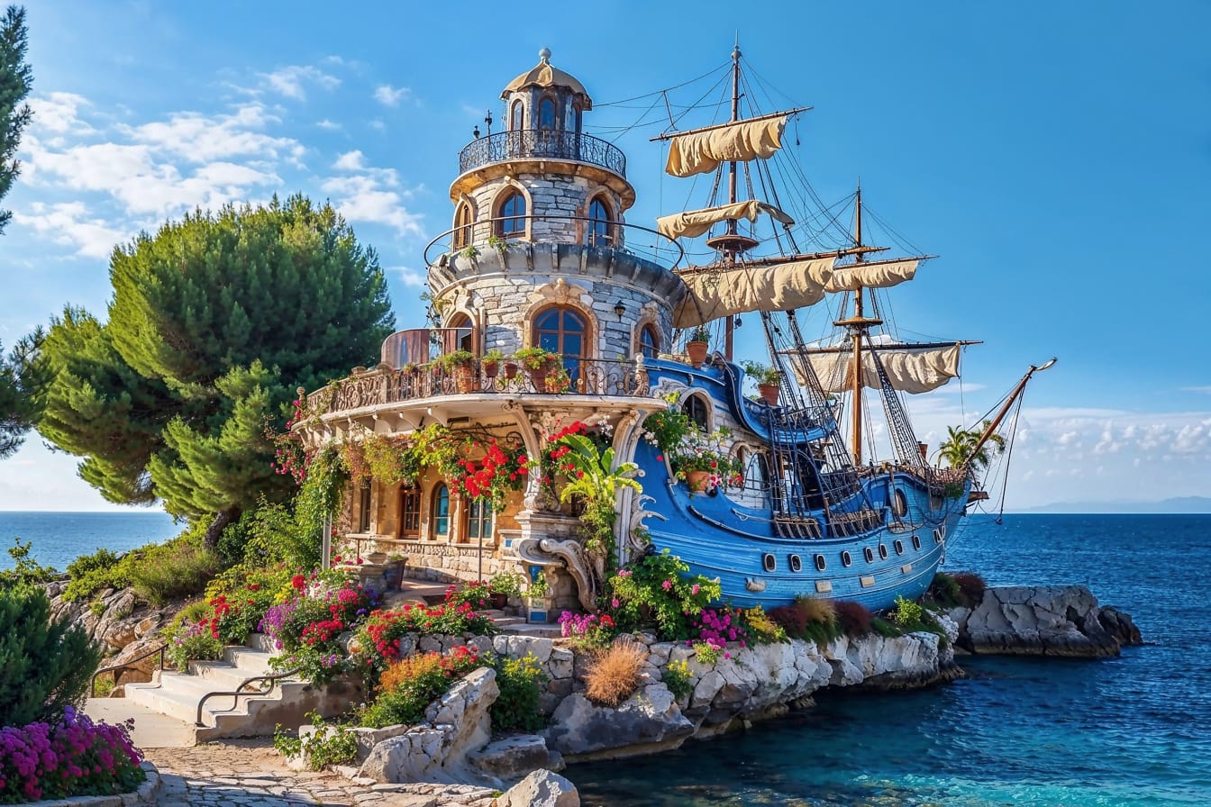 Rumah dongeng dalam bentuk kapal layar dengan taman bunga di pantai di Kroasia