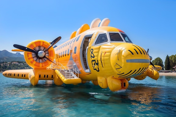 Opblaasbaar vliegtuig in het waterpretpark in Kroatië
