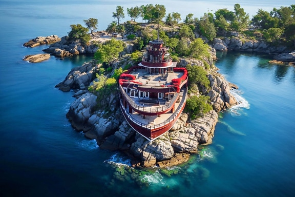 Digitálna fotomontáž červeného domu v tvare lode na malom ostrove v Chorvátsku
