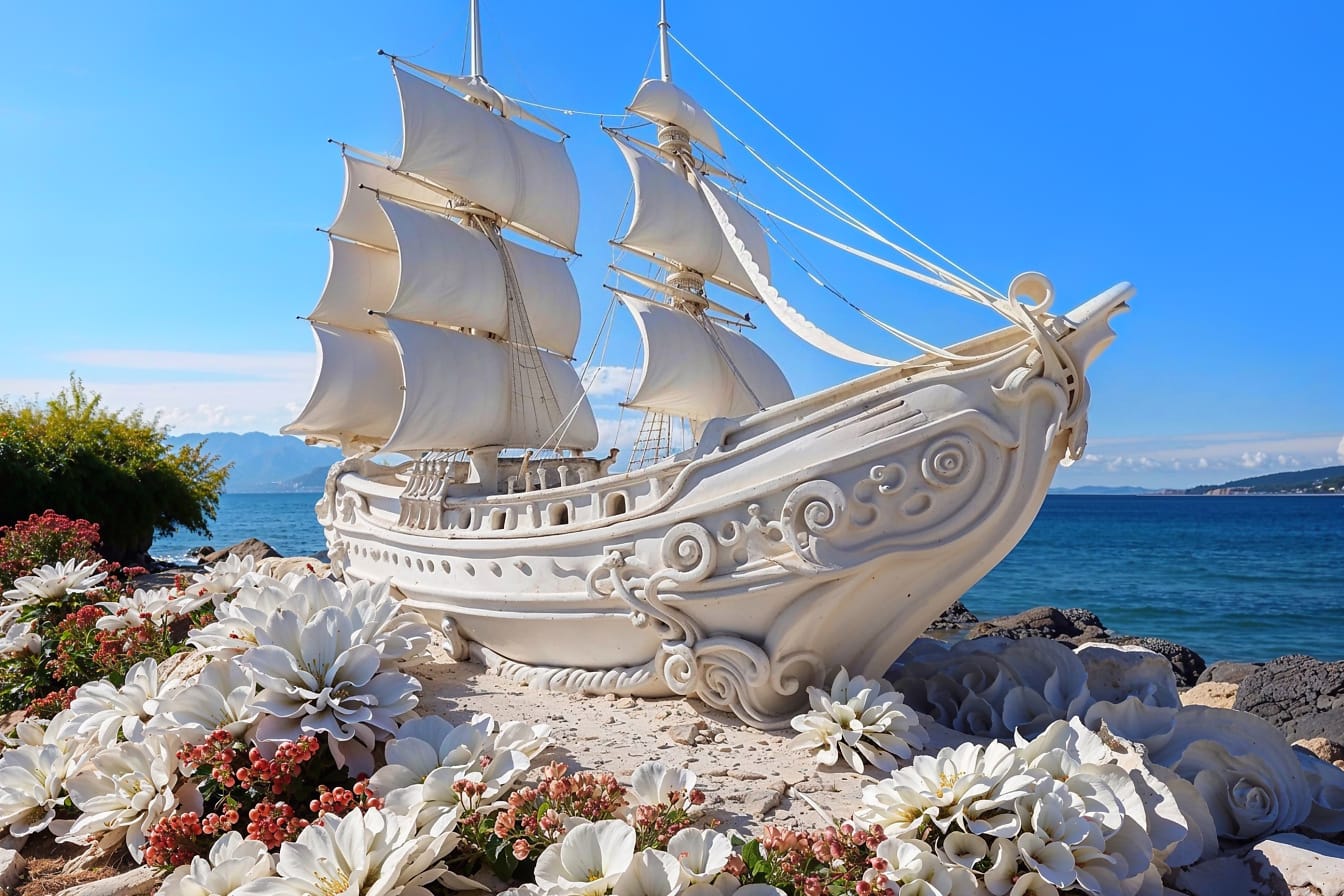 Đồ họa kỹ thuật số của tác phẩm điêu khắc thuyền buồm trắng trên bãi biển ở Croatia