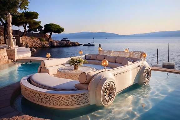 Sofa in a shape of car inside swimming pool with sea in the background