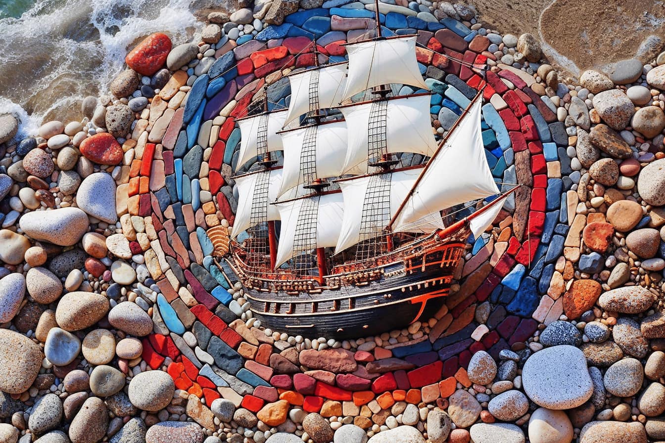 Вітрильник з мозаїкою з різнокольорових каменів на пляжі в Хорватії