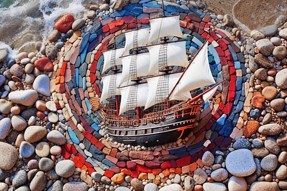 Tàu buồm với khảm đá đầy màu sắc trên bãi biển ở Croatia