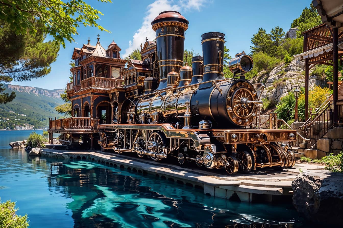 Villa i form av et gylden-svart damplokomotiv ved sjøen i Kroatia