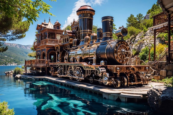 Villa a forma di locomotiva a vapore nero-dorata in riva al mare in Croazia