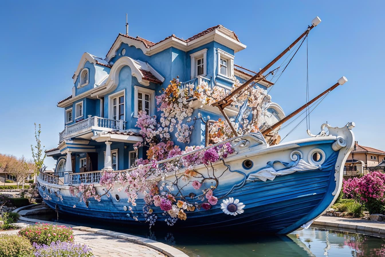 Fotomontagem digital da casa em forma de navio de conto de fadas com flores na Croácia