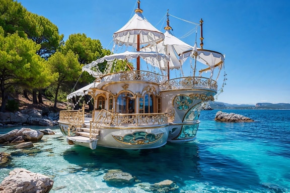 Sprookjesschip in koloniale stijl op het water in Kroatië